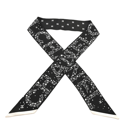 CHANEL SILK 'CHANEL' CONSTELLATION LOGO SLIM BANDEAU SCARF