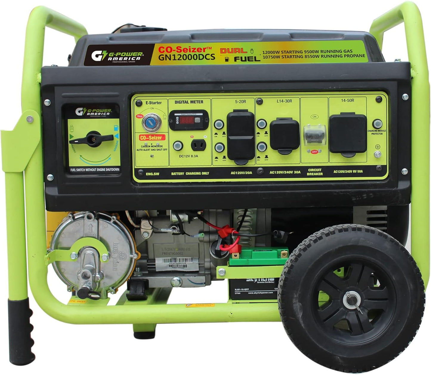Green-Power America 12000 Watt Dual Fuel Portable Generator, Gas or Propane Power Source, Recoil Start with CO Protection System, 49 State Approved