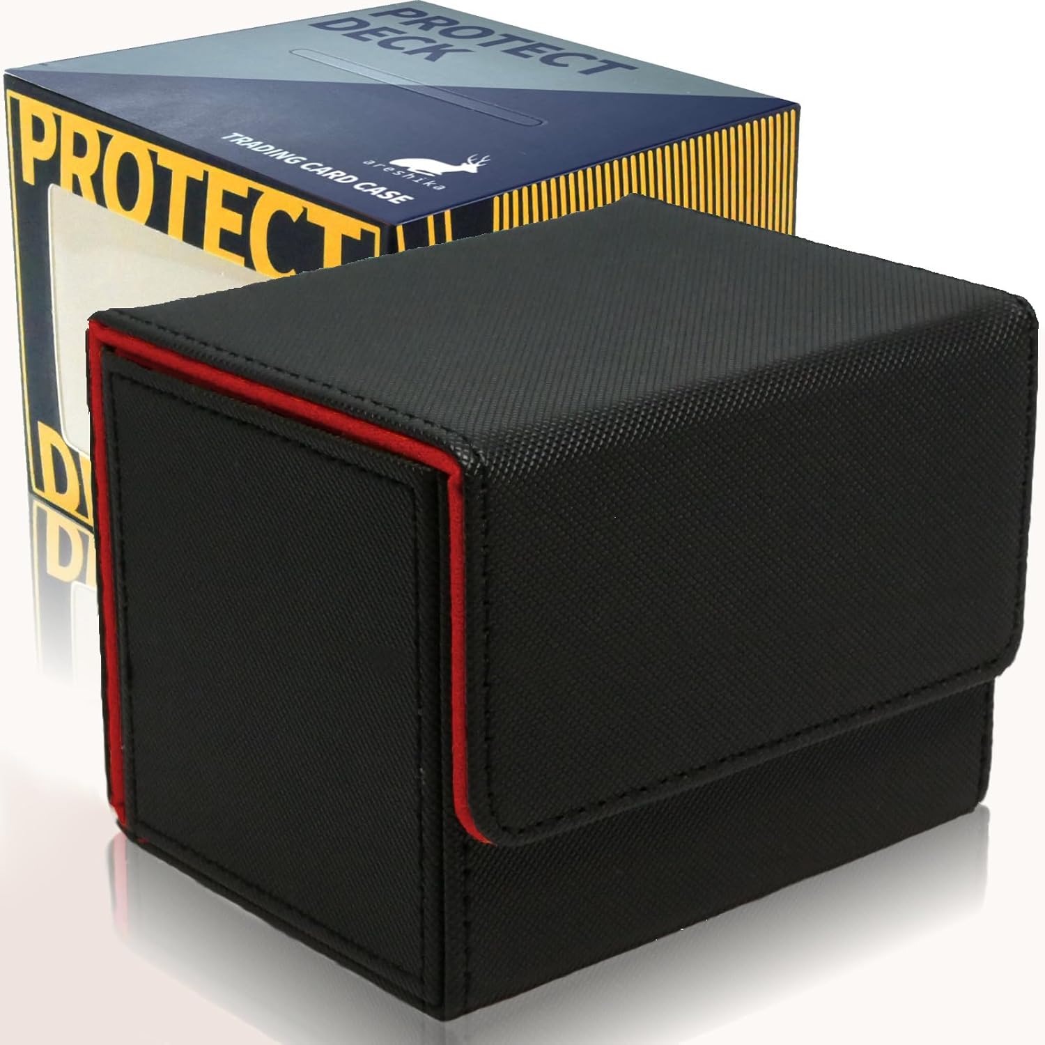 areshika Protective Deck Trading Card Case, Leather, Magnetic Deck Case, Black Red