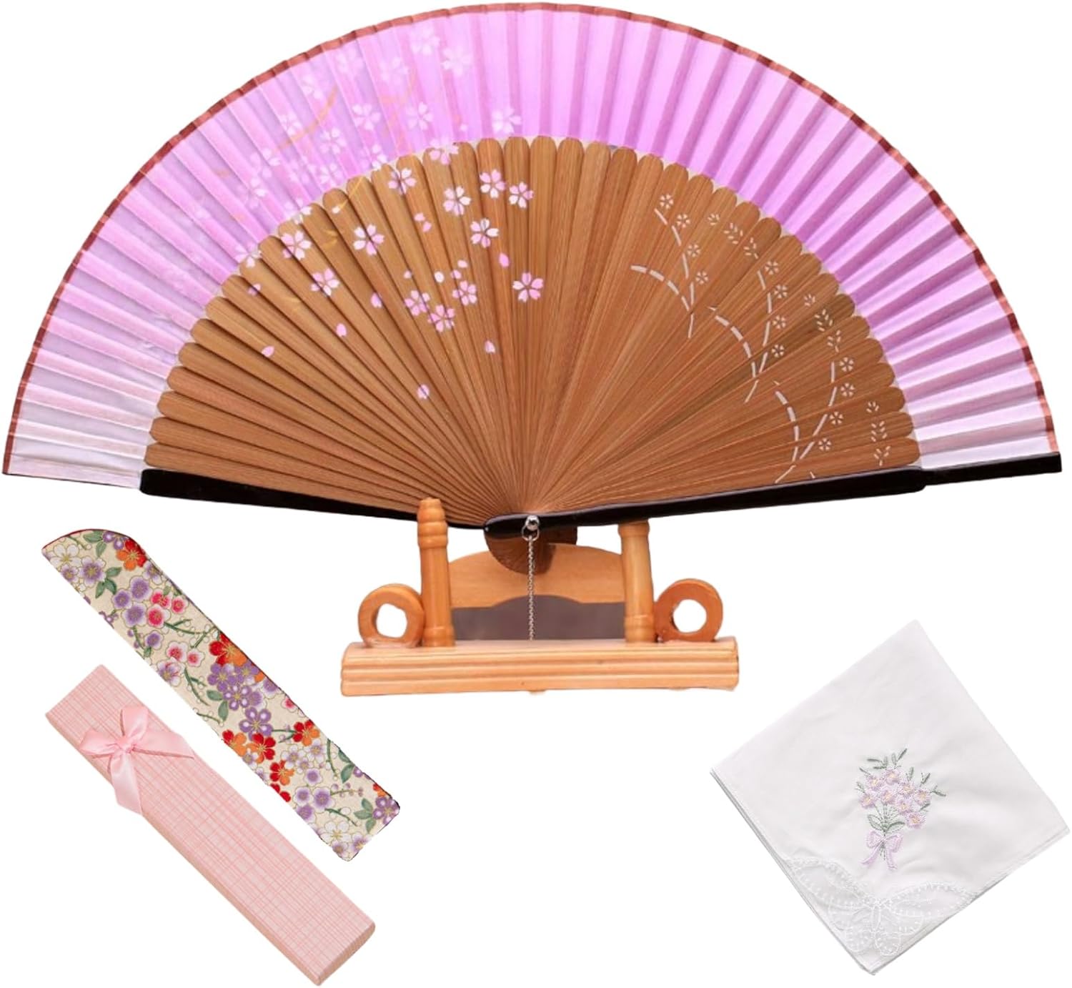 Jinchuan Women's Folding Fan, Luxury Business Fan Holder with Handkerchief Set, Cherry Blossom Rabbit, Japanese Style, Original Design