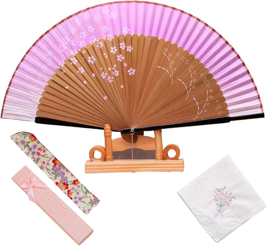 Jinchuan Women's Folding Fan, Luxury Business Fan Holder with Handkerchief Set, Cherry Blossom Rabbit, Japanese Style, Original Design