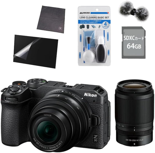 Nikon Mirrorless SLR Camera Z30 Double Zoom Kit & 64GB SD Card & Cleaning Kit & Screen Protector & Cloth & Windmuffs