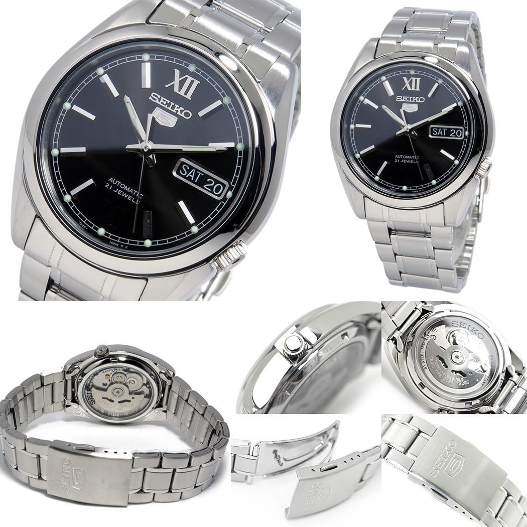 Father's Day Gift Automatic SEIKO Five Automatic Metal Strap Watch Back Skeleton for Men (SNKL53K1 SNKL55K1) (SNKL55K1 (Black))