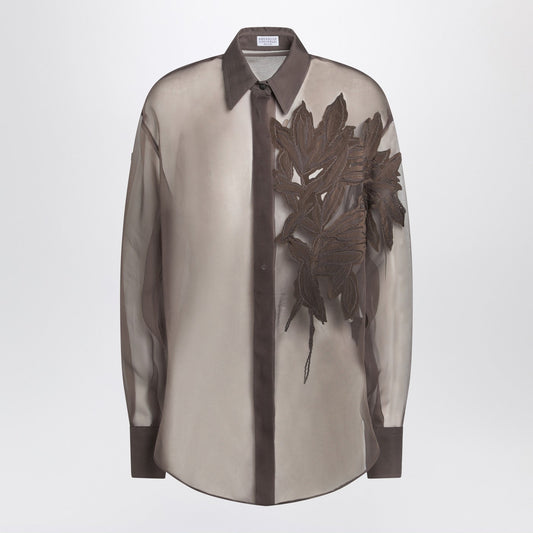 Brunello Cucinelli 絹のフローラアップリケ付きのブルネロクシネリブラウンシャツ - Image 1