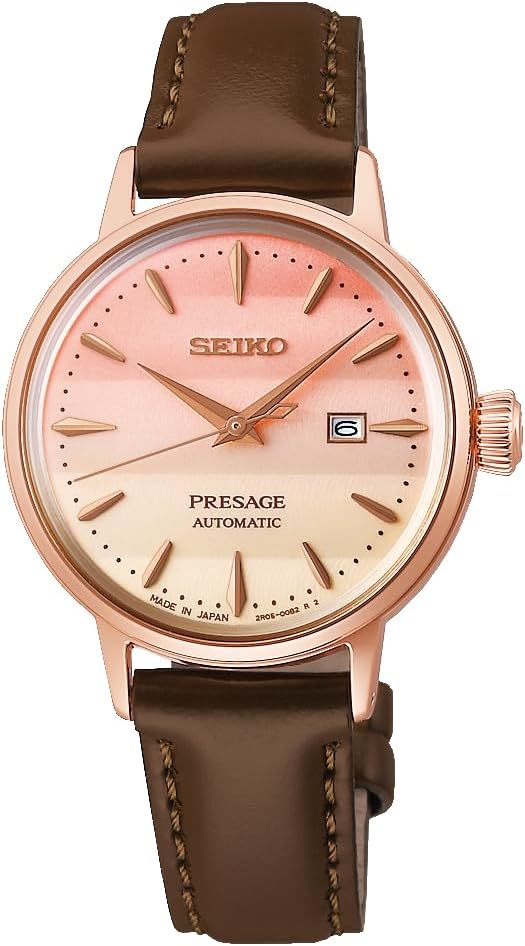 Seiko Watch PRESAGE Cocktail Time Mechanical Automatic (Hand Winding Included) for Women, Dial: Pink & Light Yellow Grade/Band: Light Brown/Case: Pink Gold