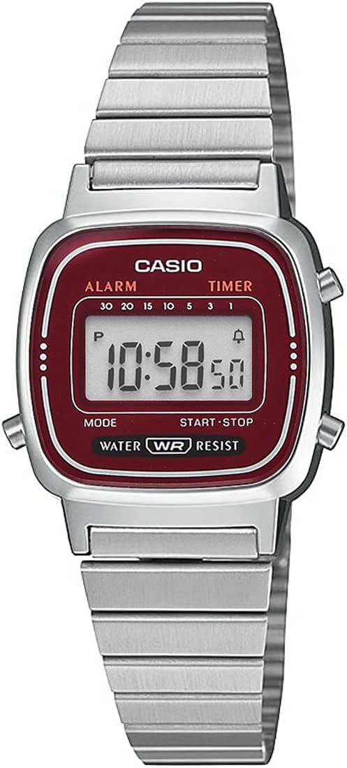 Casio LA670 Series Women's Digital Wristwatch, Overseas Model, Silver x Bordeaux LA670WA-4, Bracelet Type