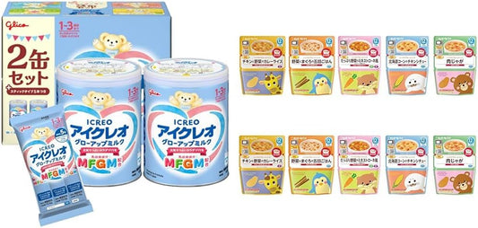 Icreo Glow-Up Milk, 2.8 oz (820 g) x 2 Cans (Sample Included) + Kewpie Baby Food, Happy Recipes for Cooking, Assorted Set, 5 Types x 2 Bags Each, Powdered Milk, Infant, Follow Up Milk, MFGM, Iron