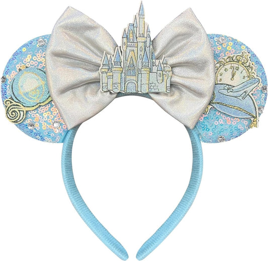 Diadema para el pelo para mujeres adultas con lentejuelas azules con lazos de castillo para orejas de parque | Disfraz de Halloween para mujer, princesa Cotume