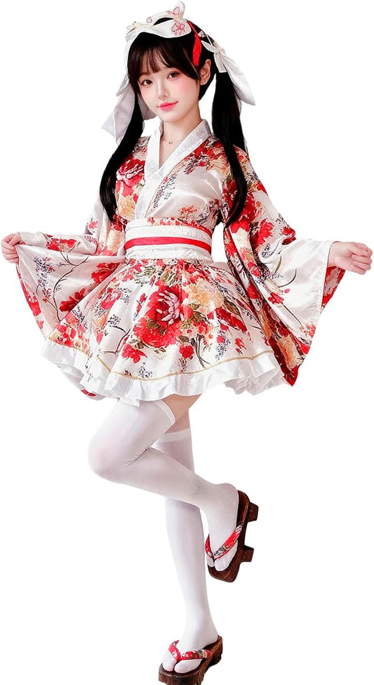 Women's Yukata Dress, Flower Pattern, Kimono Dress, Short Length, Breathable, Belt Included, Event Photography, Fireworks Festivals, Summer Festivals, Kimono + Belt Set of 2