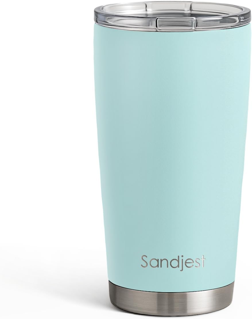 SANDJEST Vaso de acero inoxidable de 20 onzas, taza aislada al vacío de doble pared con tapa, taza de café de viaje para mujeres, niñas, amigos, hermanas, cumpleaños, Navidad (turquesa pálido)