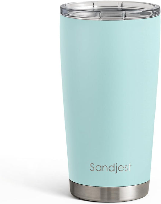 SANDJEST Vaso de acero inoxidable de 20 onzas, taza aislada al vacío de doble pared con tapa, taza de café de viaje para mujeres, niñas, amigos, hermanas, cumpleaños, Navidad (turquesa pálido)