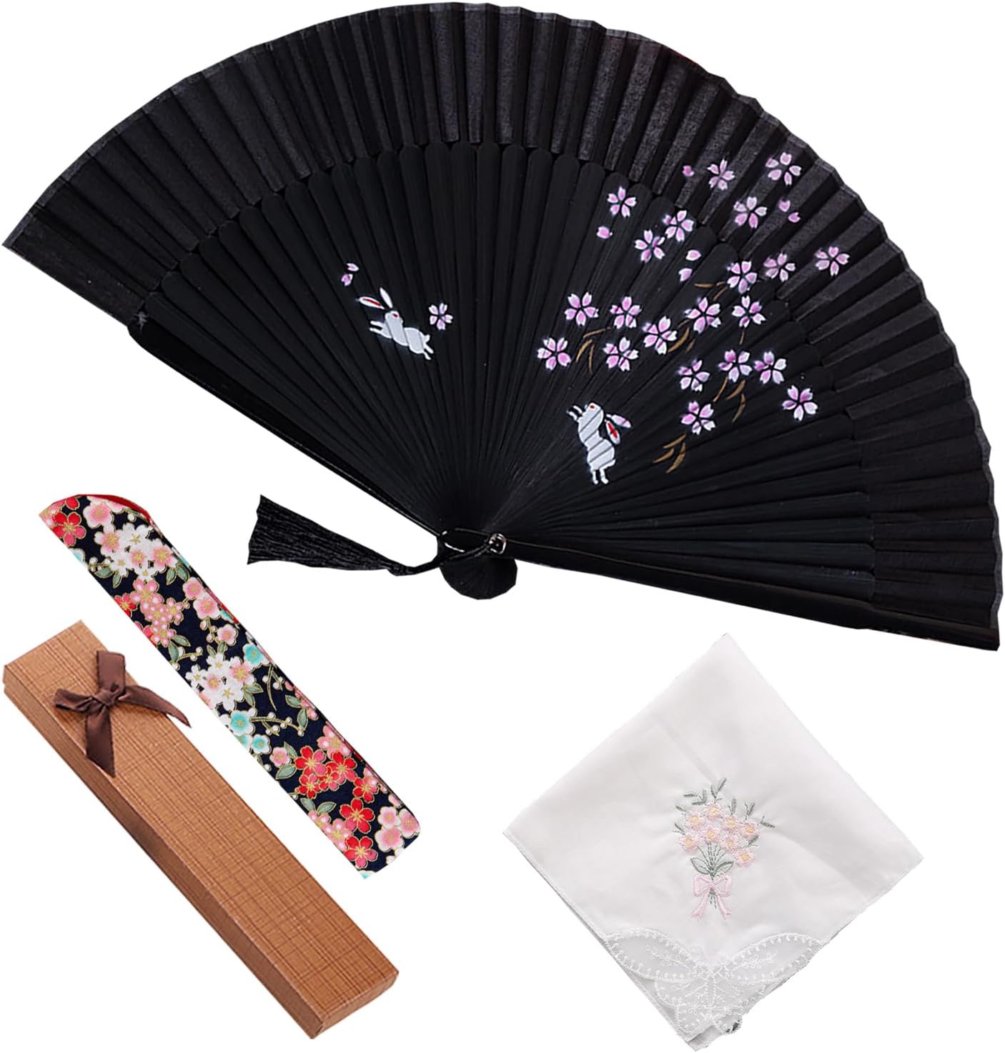 Jinchuan Women's Folding Fan, Luxury Business Fan Holder with Handkerchief Set, Cherry Blossom Rabbit, Japanese Style, Original Design