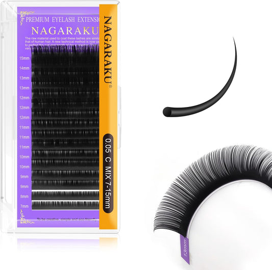 NAGARAKU Eyelash Extensions Synthetic Mink Tray with 16 Rows Light and Long Lasting False Eyelash Matsuke (0.05 C 7-15mm Mix)