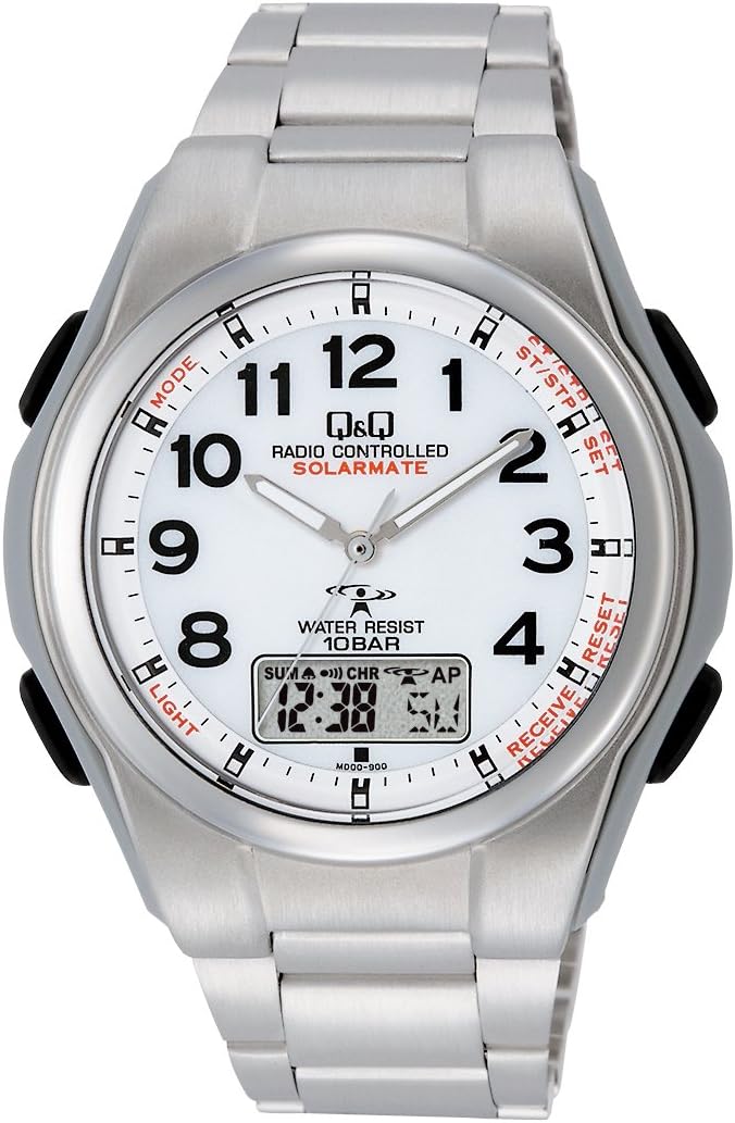 Citizen Q&Q MD02-204 Men's Wristwatch, Analog, Radio, Solar, Waterproof, Date, Metal Band, White, white, watch