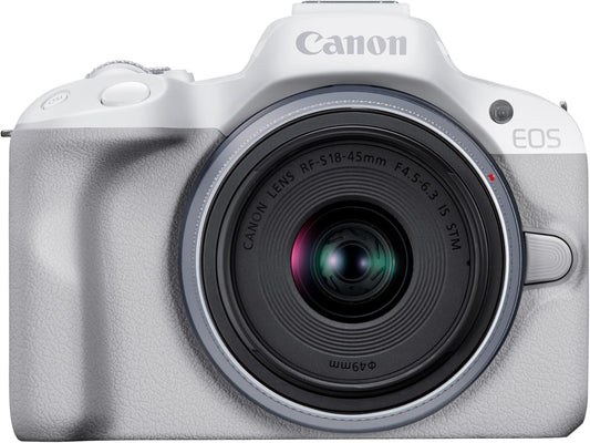 Canon EOSR50WH-1845ISSTMLK EOS R50 Mirrorless (MILC) Camera, RF-S18-45 Standard Zoom Lens Kit, White, APS-C, Approx. 13.3 oz (376 g)