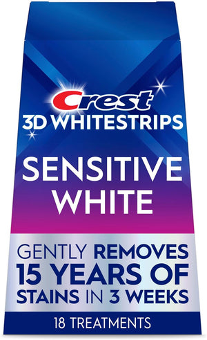 Kit de blanqueamiento dental Crest 3D Whitestrips Sensitive para uso en casa, 18 tratamientos, elimina suavemente manchas de hasta 15 años, Crest Whitestrips, Kit de blanqueamiento dental