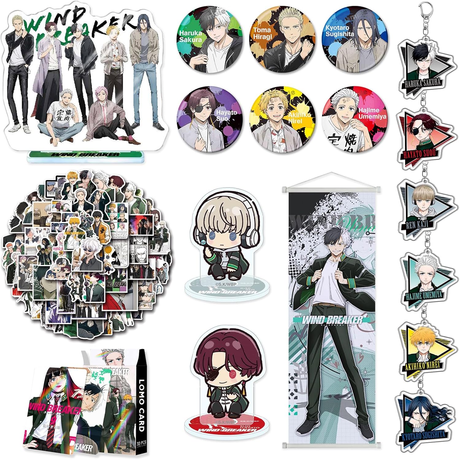 DIROLVON Wind Chime High School, Haruka Sakura, Goods, Wind Breaker Lucky Bag Set, Badge, Acrylic Stand, LOMO Card, Birthday Gift, Gift (A)