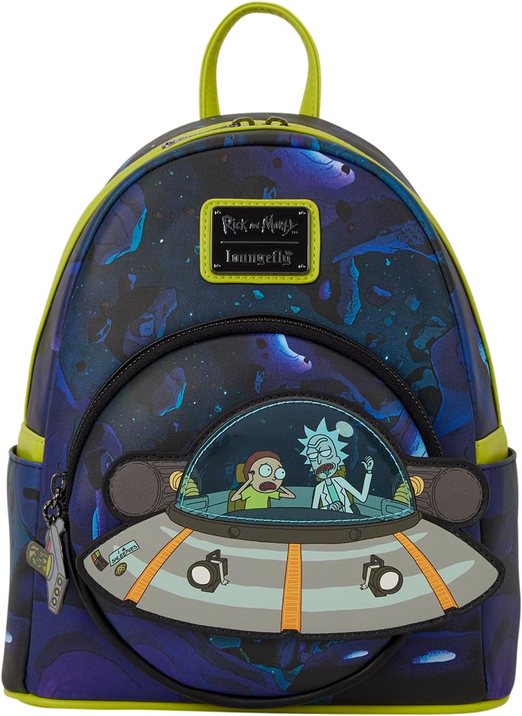 Loungefly Cartoon Network: Rick and Morty - Space Cruiser - Mini mochila con dije de cremallera - Brilla en la oscuridad - Bolsas coleccionables