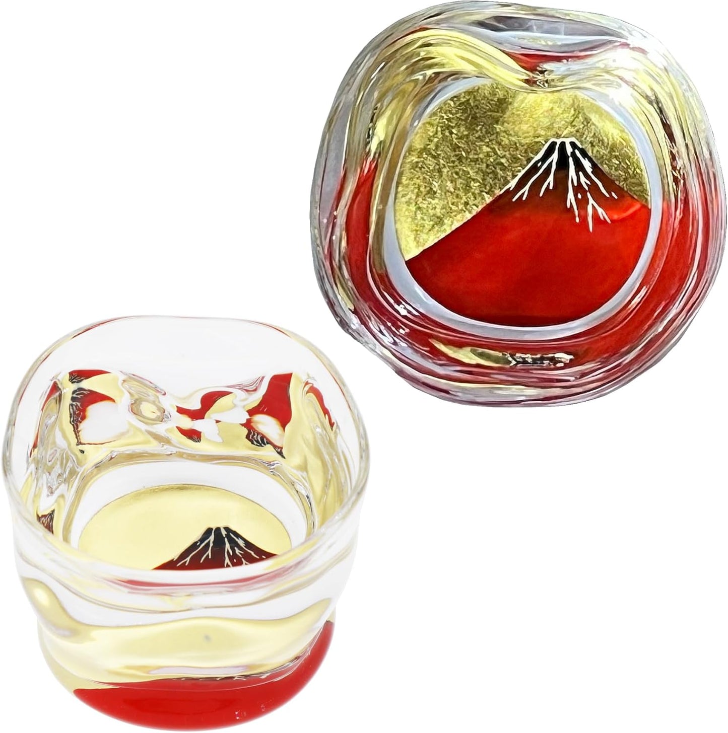 Kasyou Studio Akafuji Twist Shaped Glass, Kagazao, Kanzawa Gold Foil, Made in Japan, Luxury Boar Mouth (with Cosmetic Box, Auspicious Sake Bottle), Hanashiyo Glass, Red Fuji