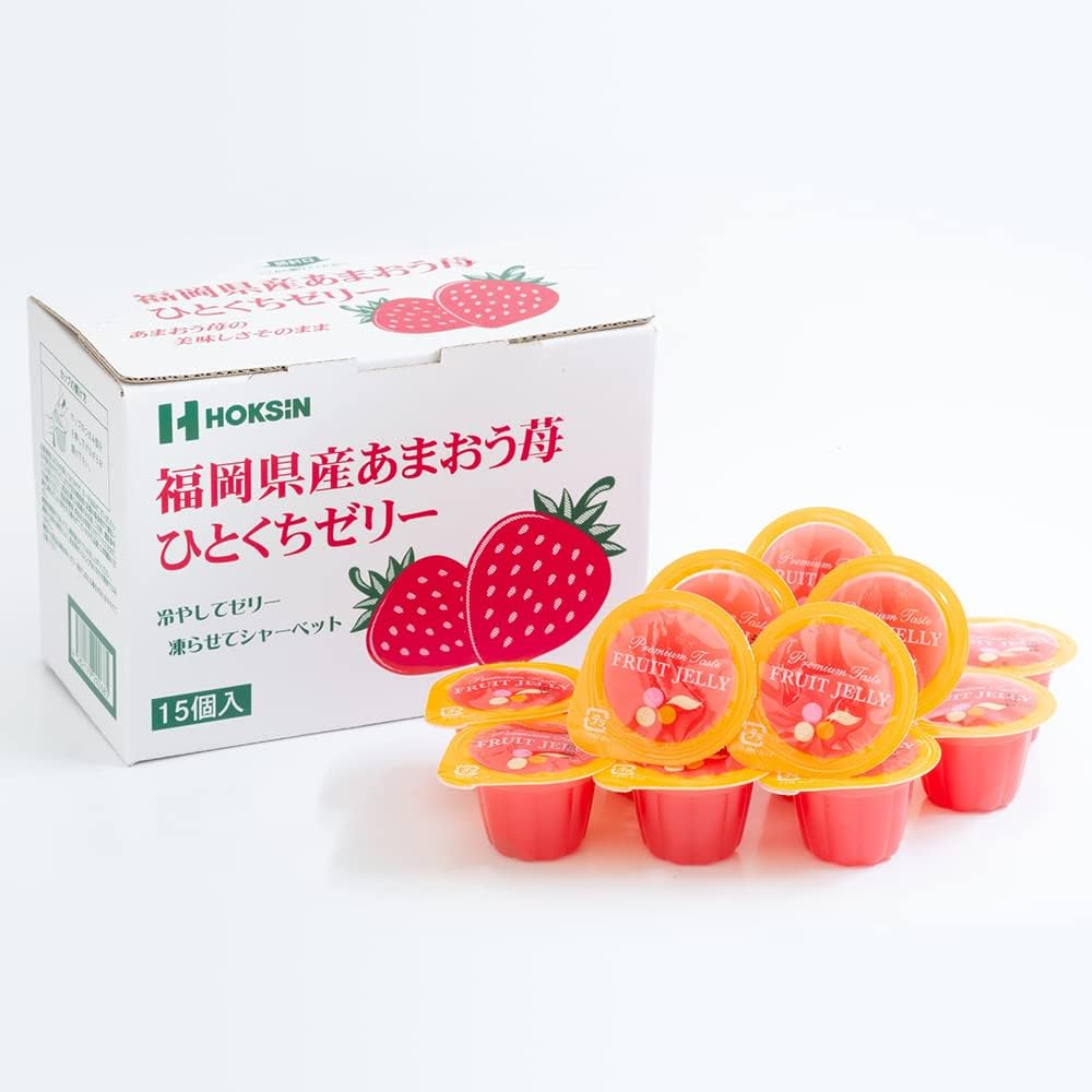 Hokushin Foods MA-5B Amaou Strawberry Bite Jelly Produced in Fukuoka Prefecture, 15 Pieces x 3 Boxes