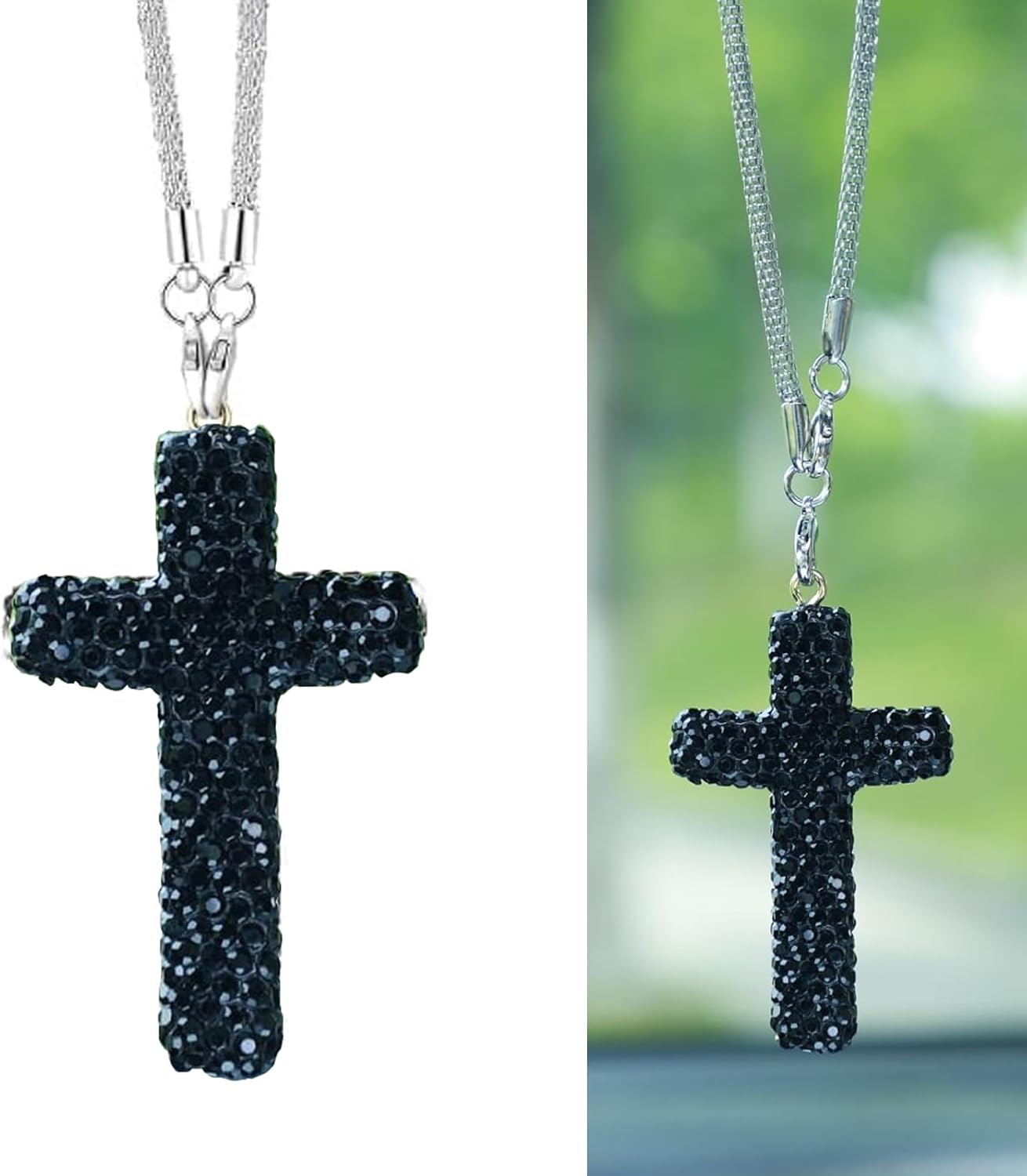 Adorno colgante para automóvil, colgante de fe con cruz brillante, diamantes de imitación incrustados a prueba de óxido, dije de decoración de espejo retrovisor estilo hip hop, accesorio