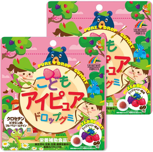 Kidomo Eye Pure Drop Gummies, 60 Tablets, 2 Bags, Mixed Berry Flavor, Made in Japan, Gummy Supplements, Children, Lutin, Blueberry, Crocetine (2)
