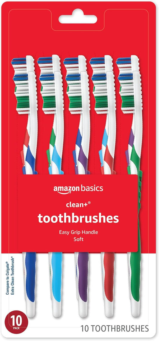 Basics Cepillos de dientes Clean Plus, suaves, completos, 10 unidades, 1 paquete (anteriormente Solimo)