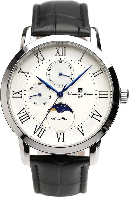 Salvatore Marra Men's Moonphase Multi-Calendar Watch, 5 ATM Waterproof, Business, Formal, Leather Strap, Exclusive Model, Silver, White, SM21106-SSWH