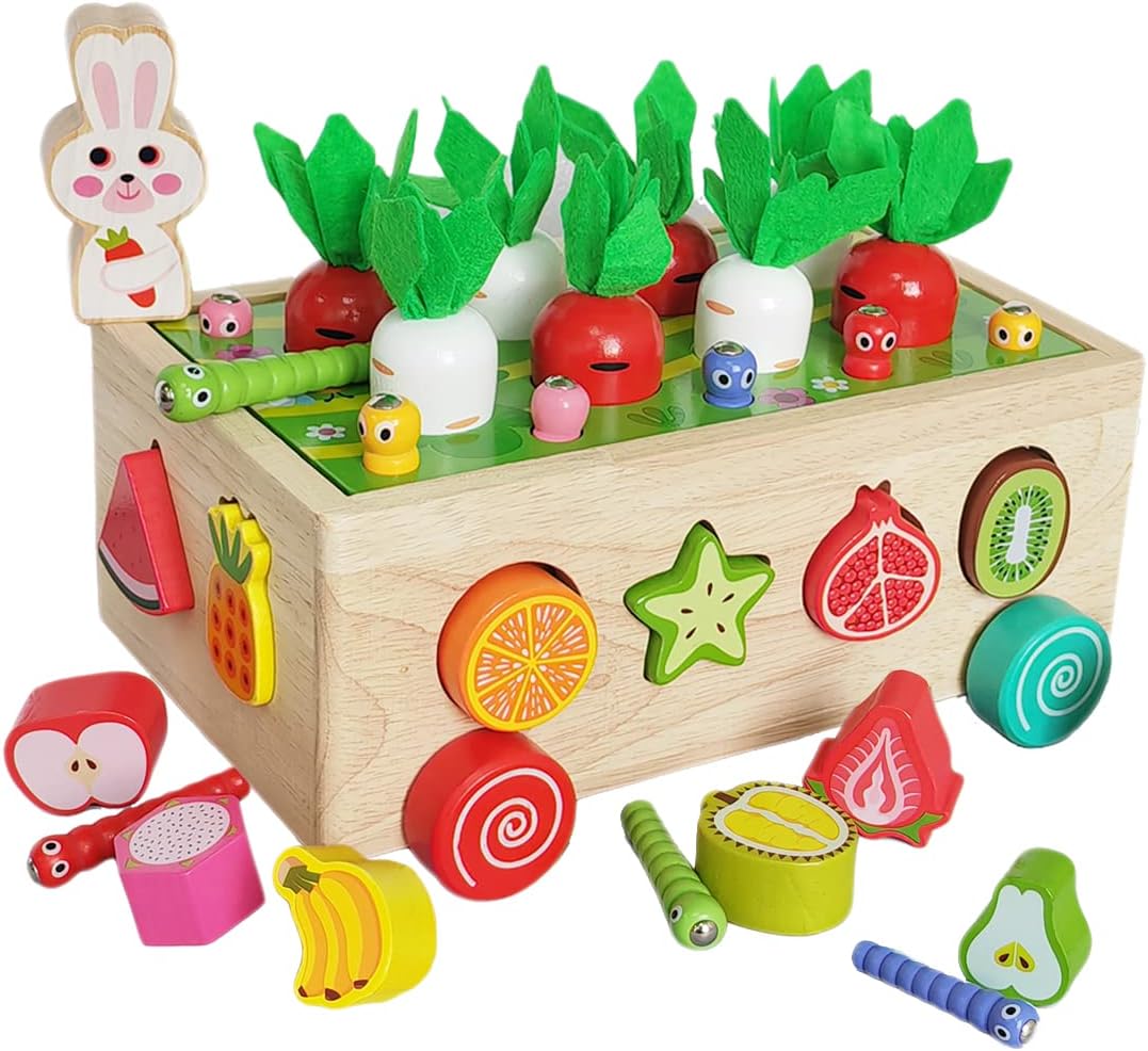 Mokusou-sha Montessori Educational Toy, Shape Matching Wooden Toy, Fruit Recognition, Shape Insertion, Farm Carrot Pulling, Magnetic Bug Catching Game, Early Development, Fingertip Training, Birthday