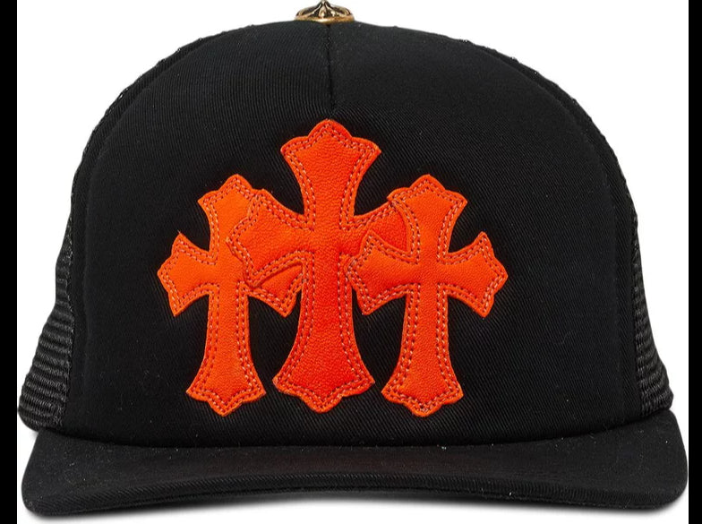 CHROME HEARTS 'ST. BARTH' ORANGE CROSS PATCH CEMETERY TRUCKER HAT