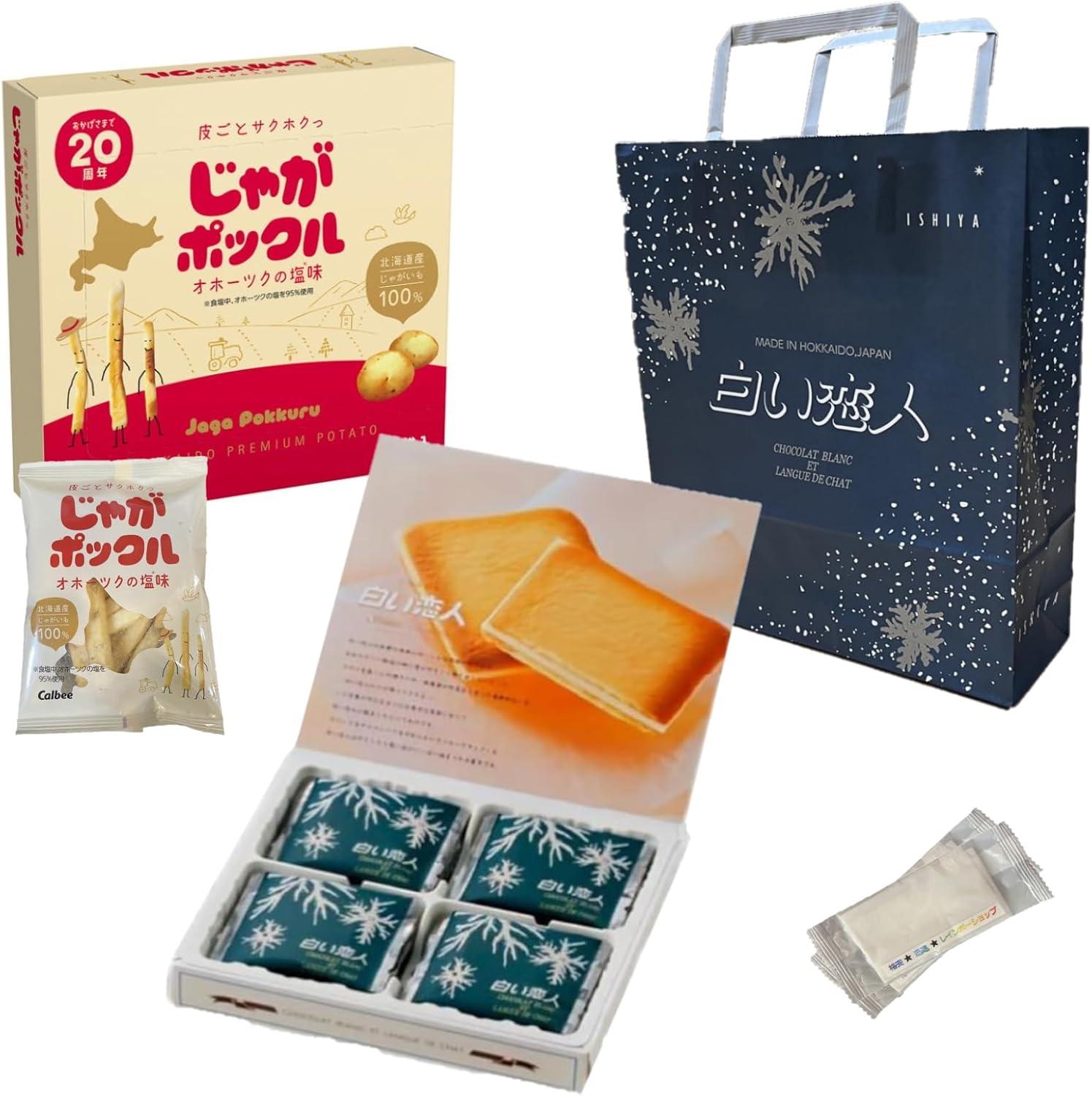 【Set Item】White Lovers 12 Bags & Jaga Pokkle 6 Bags, Hokkaido Souvenir with Original Napkins