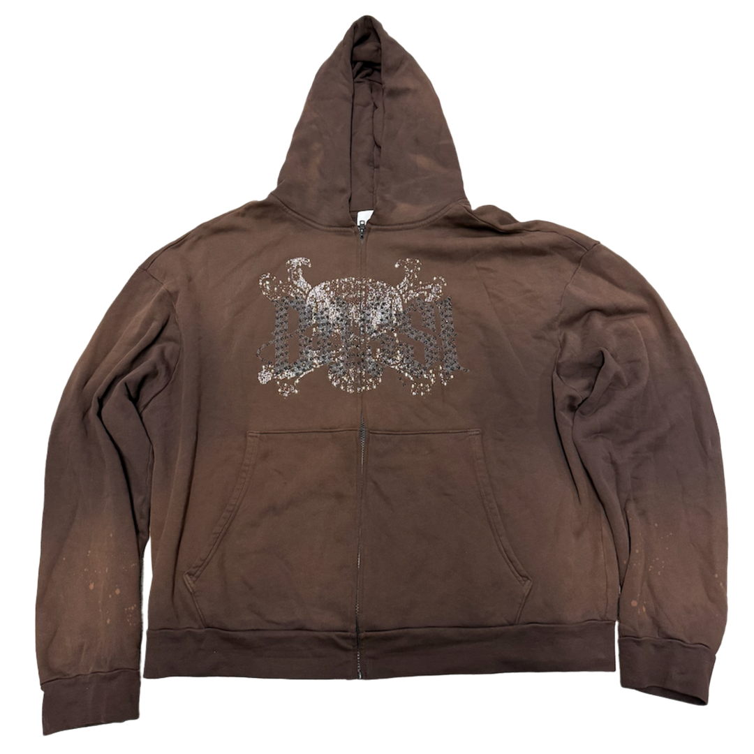 BOSSI' SKULL & BONES' WASHED BROWN ZIP UP HOODIE