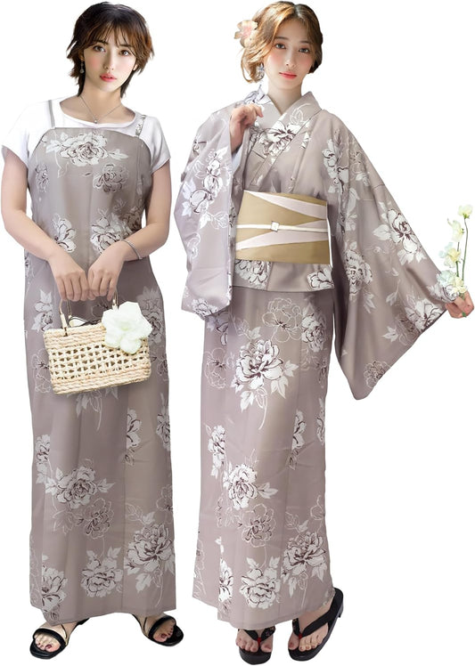 Aletta domani Women's Yukata 2-Piece Set, Yukata Belt Set, Half Width Belt, Reversible, 100% Cotton, Classic Pattern, Fireworks Festival