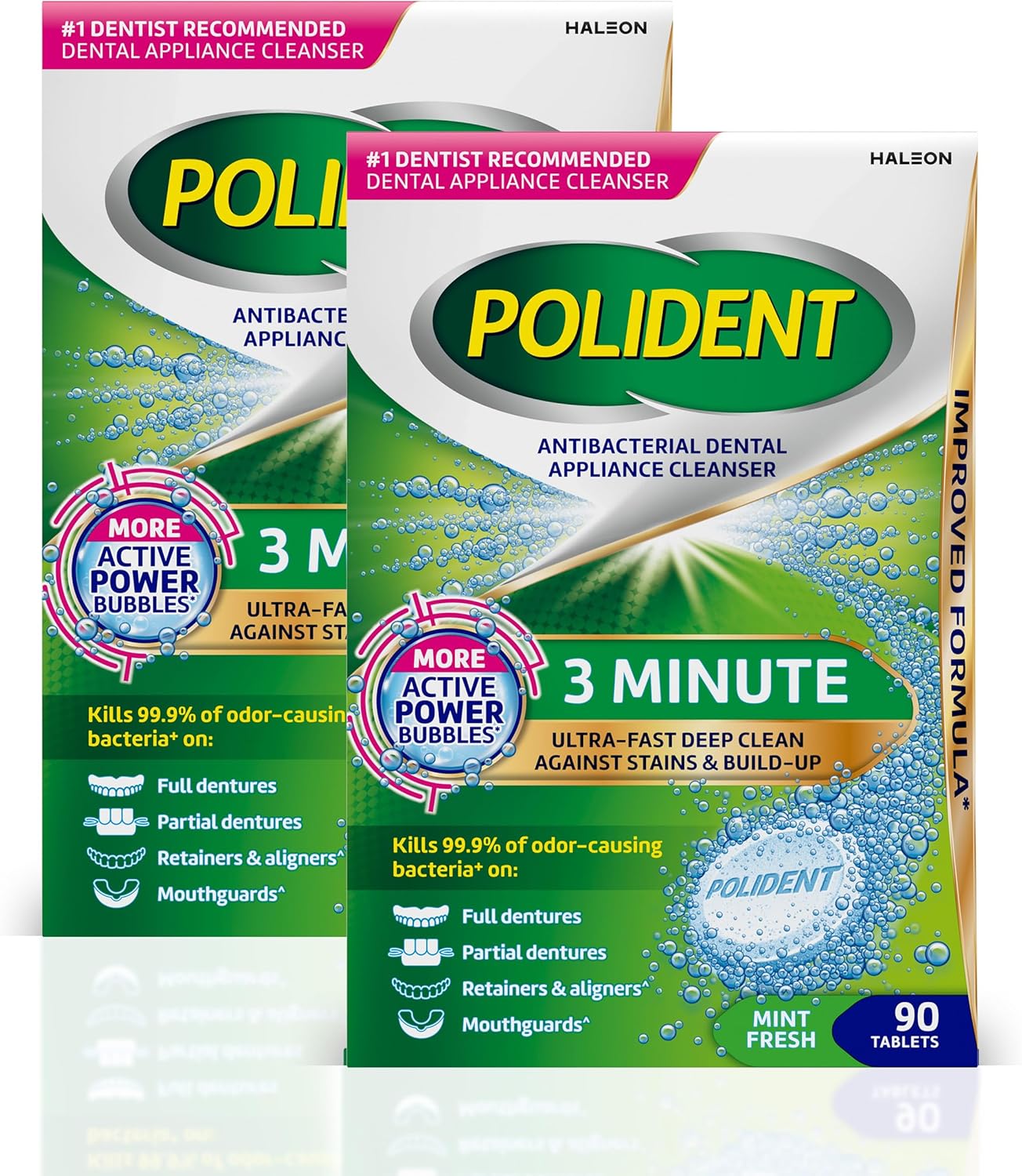 Polident Tabletas limpiadoras antibacterianas para aparatos dentales de 3 minutos, 90 unidades (paquete de 2)