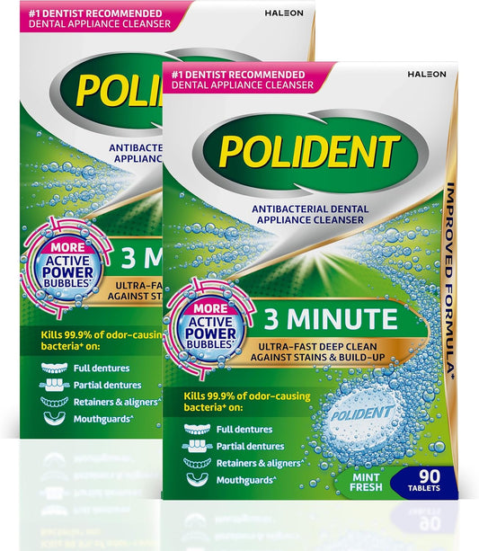 Polident Tabletas limpiadoras antibacterianas para aparatos dentales de 3 minutos, 90 unidades (paquete de 2)