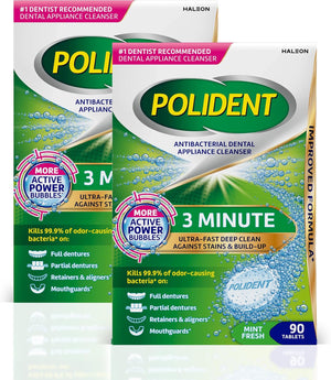 Polident Tabletas limpiadoras antibacterianas para aparatos dentales de 3 minutos, 90 unidades (paquete de 2)