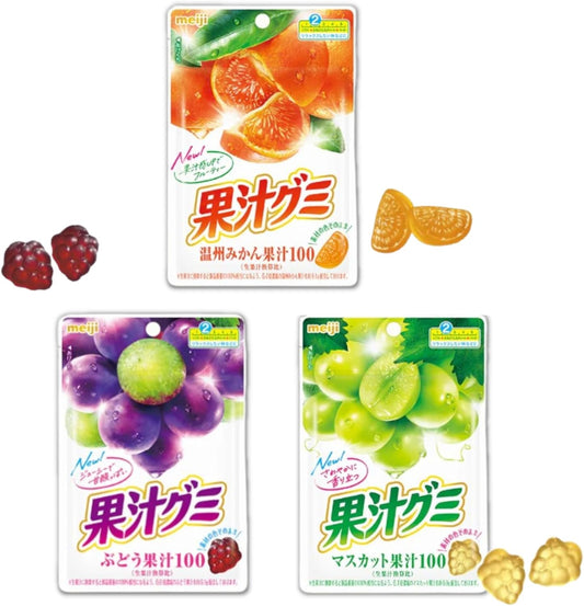 Meiji Fruit Juice Gummies 3-Type Assorted Set - 100% Juice < Orange, Grape, Muscat >Gummy Assortment Set (Juice Sensation UP! Enjoy Comparing 3 Flavors) Candy Bulk Buy 【Original Handkerchief】 (4 Each
