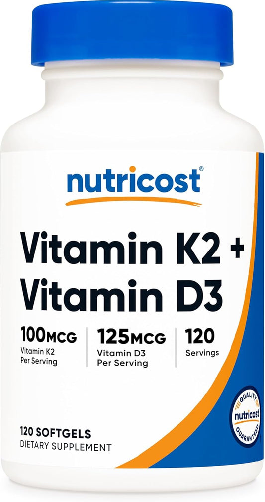 Nutricost Vitamin K2 (100mcg) + Vitamin D3 (5000IU) 120 Soft Capsules - Vitamin Supplement Non-GMO Gluten-Free Nutricost Supplement