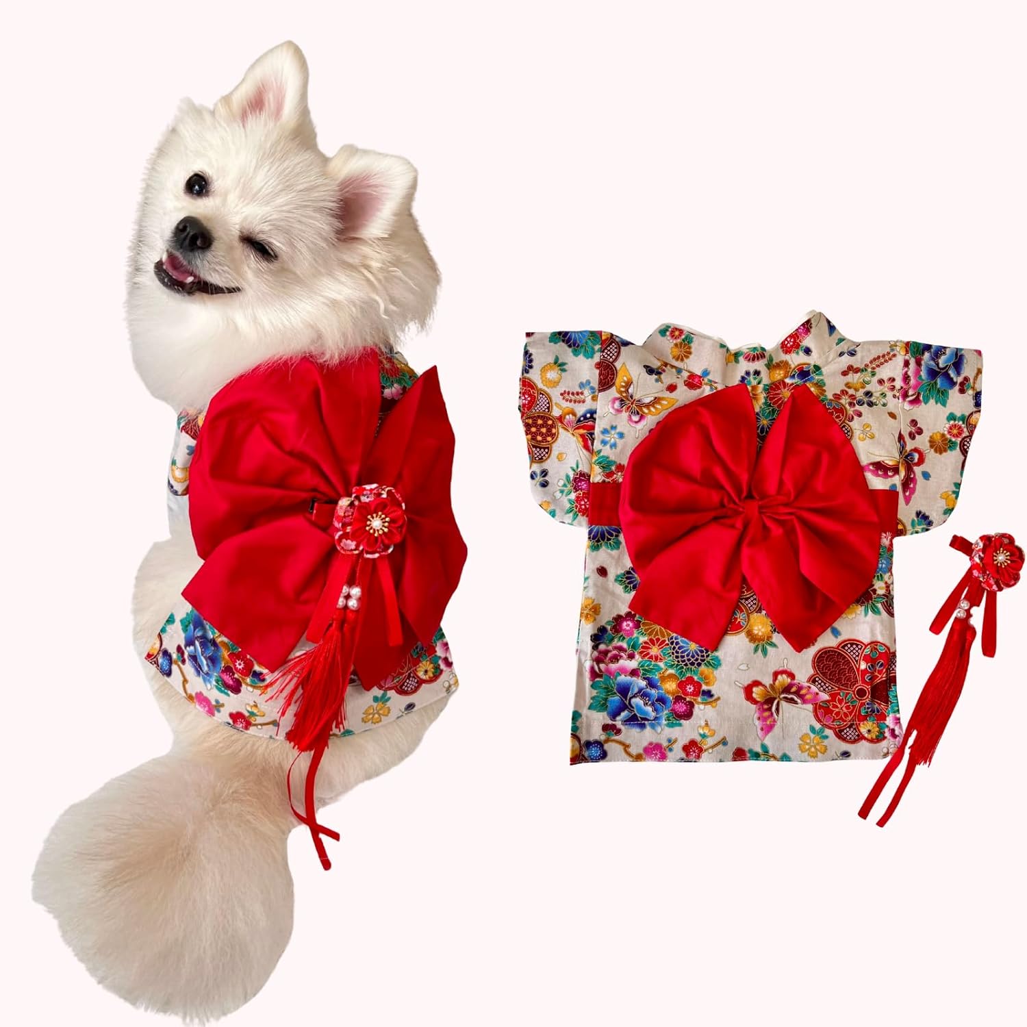 [For Dogs and Cats] Japanese-style Kimono Set in Choose Color | Breathable Cotton Material & Hair Accessories Included | Cute Pet Clothes, Kimono Outfit for Small Dogs and Cats, Festivals, Tanabata