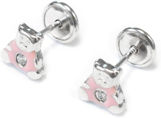 Mondepetit Earrings Pink Enamel Bear Zirconia 925 Silver Shiny
