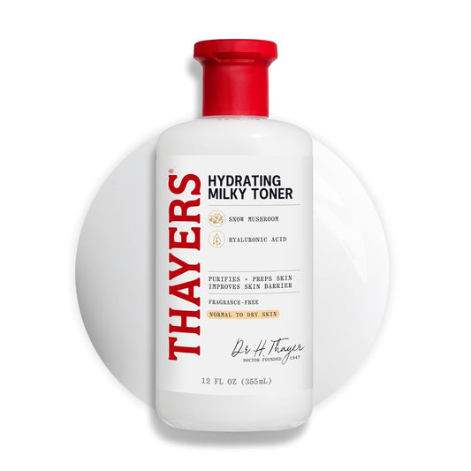 THAYERS Tónico facial lechoso para el cuidado de la piel con Tremella de hongos y ácido hialurónico, tónico facial suave natural, para piel seca y sensible, 12.0 fl oz