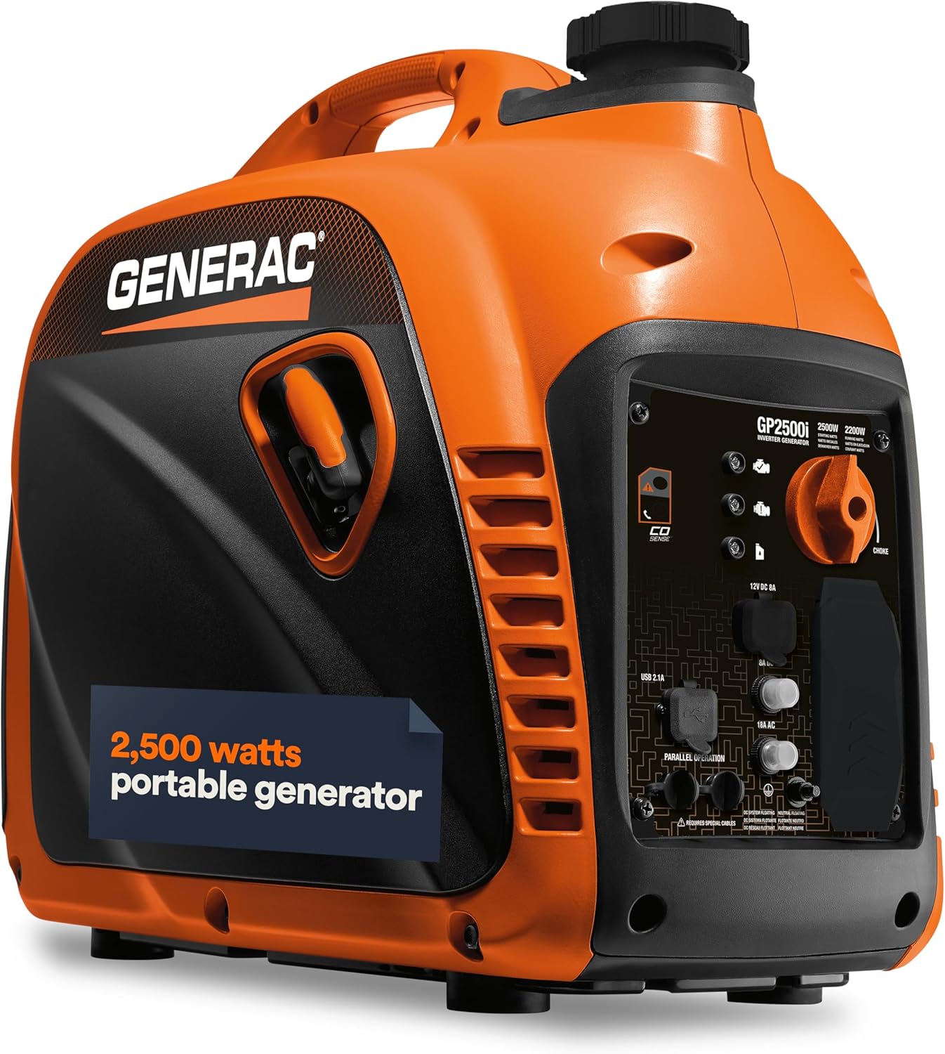 Generac 8251 GP2500i 2,500 Watt Gas Powered Portable Inverter Generator - Compact and Lightweight Design - Produces Clean and Stable Power - COsense Technology - CARB Compliant - Orange/Black