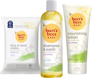 Burt's Bees Set de regalo para baby showers, incluye productos esenciales para bebés, champú y lavado con lavanda, loción corporal, toallitas y paños, cuidado de la piel de origen natural derivado, 3 unidades