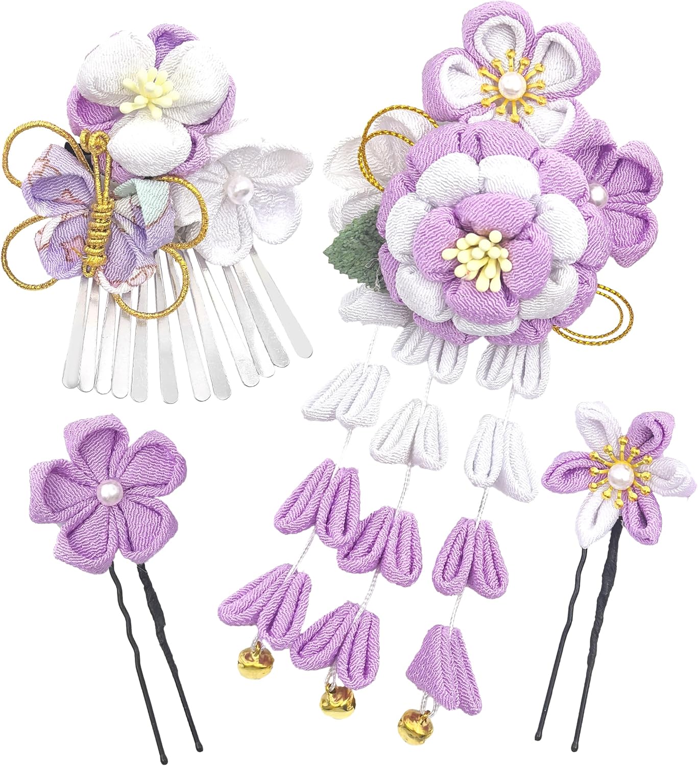 Jzoon H2116 Butterfly Hair Ornaments, Set of 4, Coming-of-Age Ceremonies, Shichi-Go-San Graduation Ceremonies, Weddings, Yukata, Hakama, Long Sleeves, Kimono, Handmade, Tsumami Shoki, Flowers, Bell