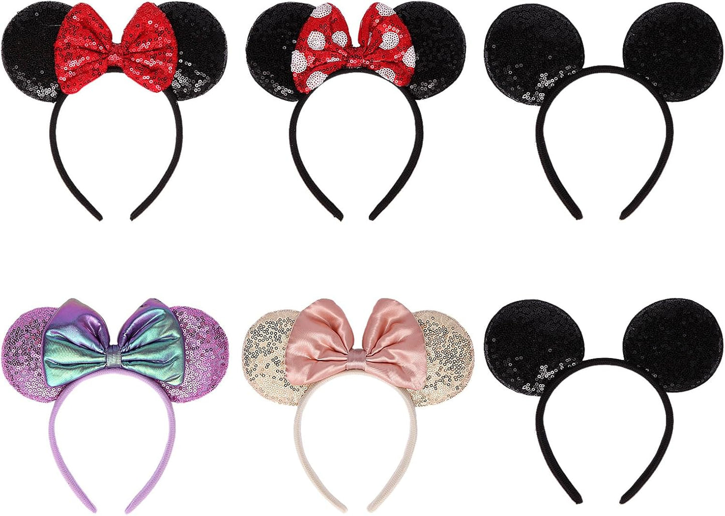 Paquete de 6 diademas de orejas de ratón de lentejuelas para mujeres, niñas y niños, diadema con lazos brillantes para cosplay, disfraz de fiesta de cumpleaños, accesorios para el cabello