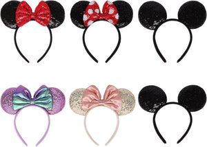 Paquete de 6 diademas de orejas de ratón de lentejuelas para mujeres, niñas y niños, diadema con lazos brillantes para cosplay, disfraz de fiesta de cumpleaños, accesorios para el cabello