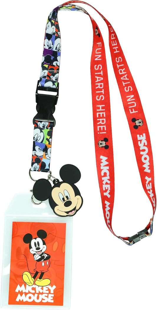 Disney Mickey Mouse Fun Starts Here - Cordón con soporte para tarjeta de identificación y dije de goma de Mickey de 2 pulgadas