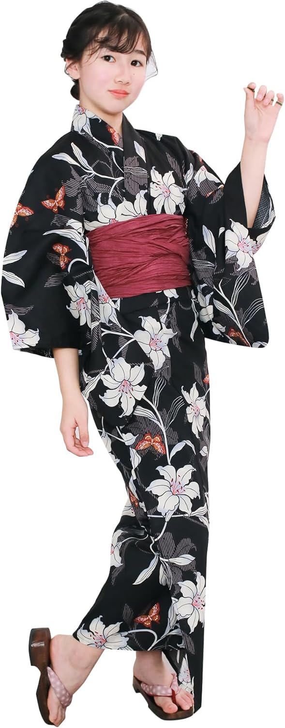KYOETSU Yukata Robe Set, Junior, Girls, Retro C, Alternating Weaves, 3-Piece Set (Yukata, Heko Obi Belt, Geta (Japanese Clogs)), Girls