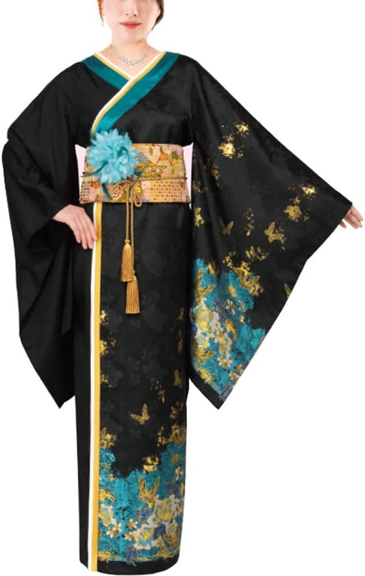 [アビバーレ] 蝶舞うジャカードドレス [OP448-1-3818] ロングドレス 和風 着物風 カラオケ衣装 ステージ衣装 発表会 レディース 黒 ブラック