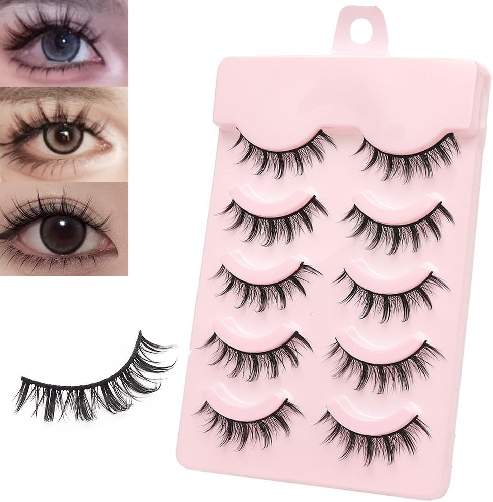 False Eyelashes, 5 Pairs for Upper Eyelashes, Natural Bunch Lashes, Black Natural Core, Soft Core, Handmade, Reusable, Easy for Beginners (KL39)